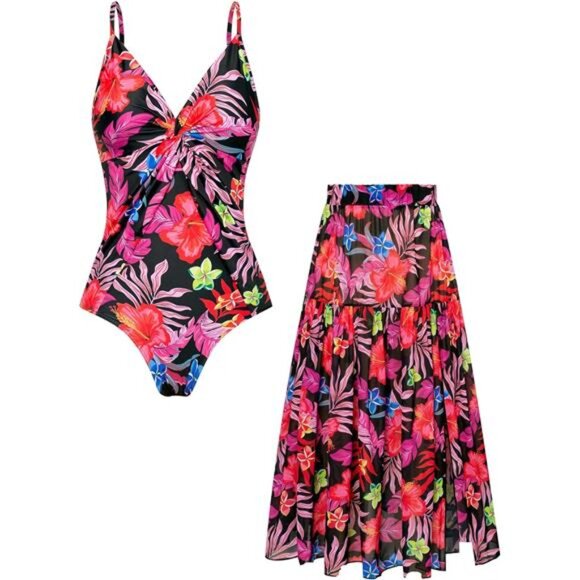 Women's One Piece Swimsuit with Cover Up Skirt Tummy Control Bathing Suits - Picture 1 of 6